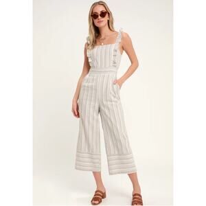 Lulus Emilia Rae Linen Wide Leg Jumpsuit Size Small‎ Ruffles Neutral Striped
